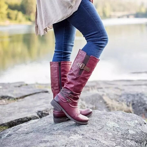 Damen Klassische Hohe Lederstiefel mit Reißverschluss