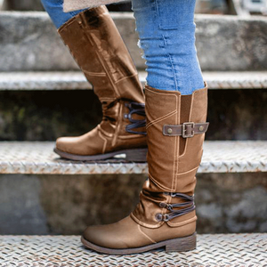 Damen Klassische Hohe Lederstiefel mit Reißverschluss