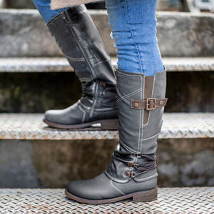 Damen Klassische Hohe Lederstiefel mit Reißverschluss