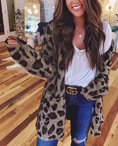 Leopard Bequeme Wollstrickjacke Mit Taschen