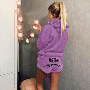 Flauschiger Mantel mit Kapuze& Katzeshorts Sets