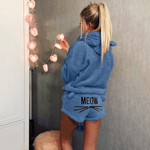 Flauschiger Mantel mit Kapuze& Katzeshorts Sets