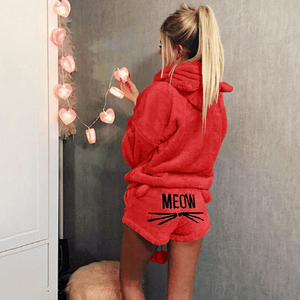Flauschiger Mantel mit Kapuze& Katzeshorts Sets
