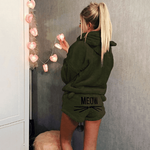 Flauschiger Mantel mit Kapuze& Katzeshorts Sets