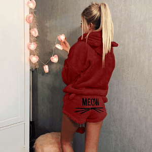 Flauschiger Mantel mit Kapuze& Katzeshorts Sets